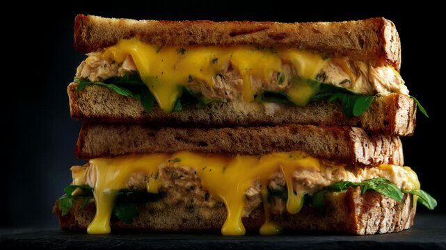 Deliciously gooey melted cheese sandwich stacked high on toasted whole wheat bread