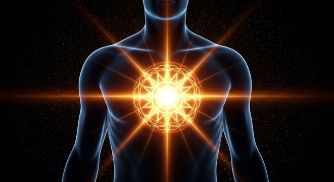Male body with glowing heart chakra. Spiritual energy center in human chest. Yoga and meditation concept for holistic wellness.