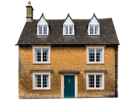 Charming traditional English Cotswold stone cottage with multiple dormer windows and a vibrant green front door, isolated PNG on a clean background