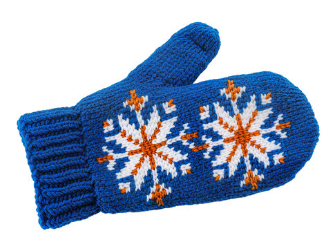 Cozy blue knitted winter mitten with intricate white and orange snowflake pattern, isolated warm handwear for cold weather PNG