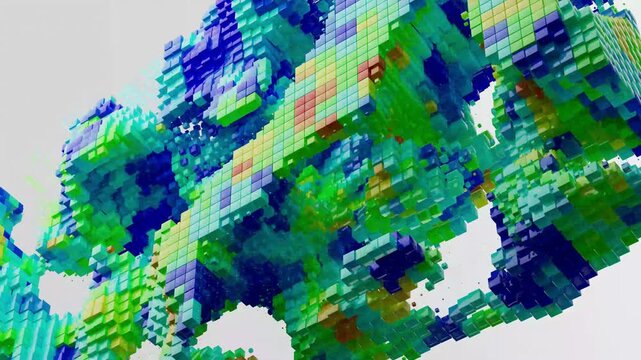 Colorful voxel cubes forming an abstract geometric structure. Bright blue, green and yellow blocks creating a dynamic digital landscape. Futuristic generative pattern animation. 4K render.