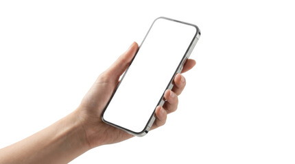 Person holding modern smartphone with blank white screen