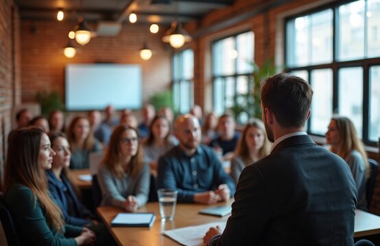 People sit at tables in a modern room, listening to a speaker. Brick walls and large windows create an industrial loft atmosphere. Attendees focus intently on the presentation happening before them.