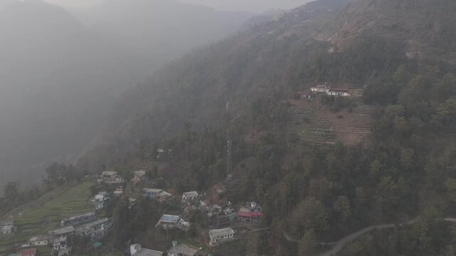 Aerial view of Kuee village in Tehri Garhwal, Uttarakhand, near Rishikesh, with the Ganga River flowing through Tota Ghati, surrounded by lower Himalayan hills and forests of sal, peepal, banyan.