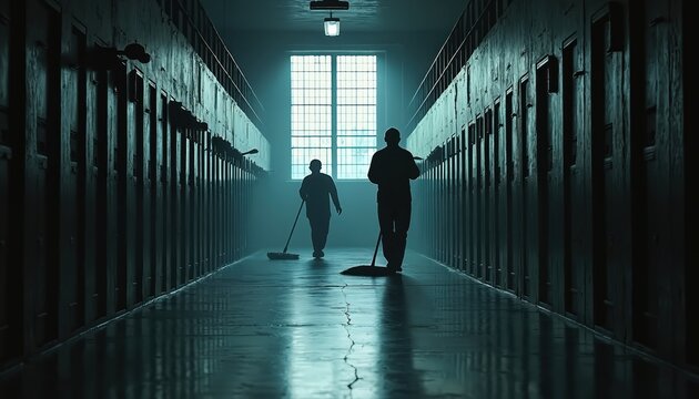 Shadowy prison corridor has two figures cleaning floor. Cells line hallway, window light illuminates stark environment. Prisoners do hard labor, maintain order, work on sanitation duties.