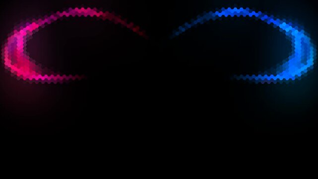 Blue red hexagonal neon light trails wave interference particle beam loop black background 4K