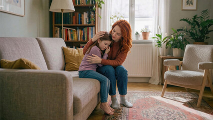 Red-haired mother sitting on a neutral sofa provides emotional support and comfort to her young sad daughter in a cozy sunlit living room with bookshelves and plants.