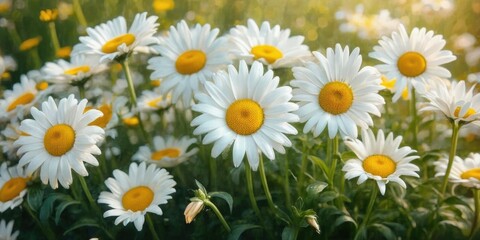 Obraz premium Daisy field blooms beautifully. White petals surround vibrant yellow centers. Soft light creates peaceful scene.