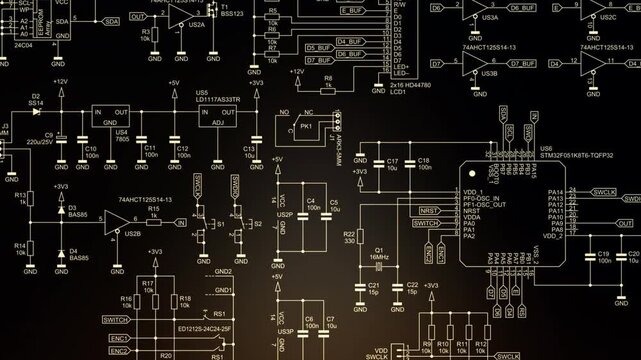 Video animation with schematic 
diagram of digital electronic device. Drawing 
electrical circuit with 
integrated circuit, micro controller,
operational amplifier, memory chip,
capacitor, resistor.