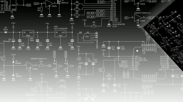 Video animation with schematic 
diagram of digital electronic device. Drawing 
electrical circuit with 
integrated circuit, micro controller,
operational amplifier, memory chip,
capacitor, resistor.