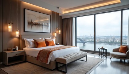 Fototapeta premium Upscale hotel suite offers king bed, chic decor, and panoramic city river views from floor to ceiling windows. Perfect for travel, business, or luxury stays.