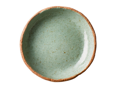 Rustic ceramic bowl with speckled mint green glaze and natural terracotta rim, isolated on transparent background, perfect for food presentation or kitchen decor PNG