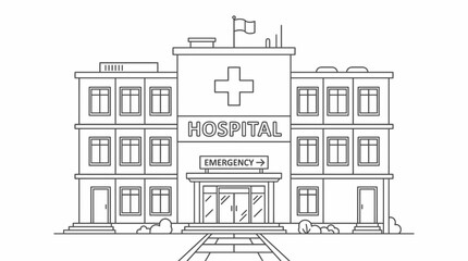 Naklejka premium Modern Hospital Building Outline Illustration with Emergency Entrance Sign and Medical Cross Symbol