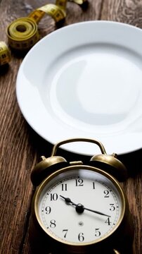 A plate and measuring tape with an alarm clock on a wooden surface