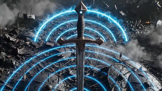 Top view cinematic shot of a Templar sword emitting scanning energy waves, combining medieval and futuristic concepts, seamless loop background
