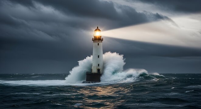 A lone white lighthouse stands firm amidst a violent storm. Crashing waves explode against its base as a single, powerful beam of light pierces the dark, heavy clouds.
