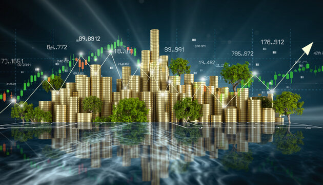 Financial growth with coins and trees showing investment opportunities and market trends in a digital landscape