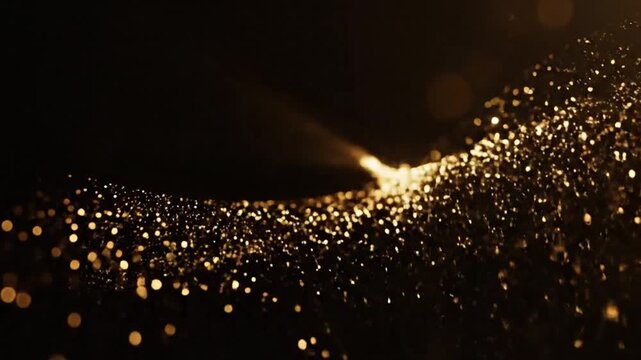 Golden glowing particles forming dynamic wave with bright light flare on dark background representing luxury energy motion and abstract premium design concept