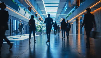 Fototapeta premium Business people walking in a modern office building during daytime hours in a busy urban area