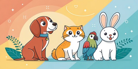 Fototapeta premium National Pet Day Banner with Dog Cat Rabbit and Parrot Cartoon Characters