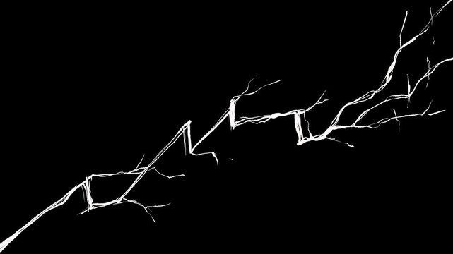 White crack splitting screen in half on black background. Lightning shaped fracture. Animation of damage and crack in 4K. Stock overlay video.