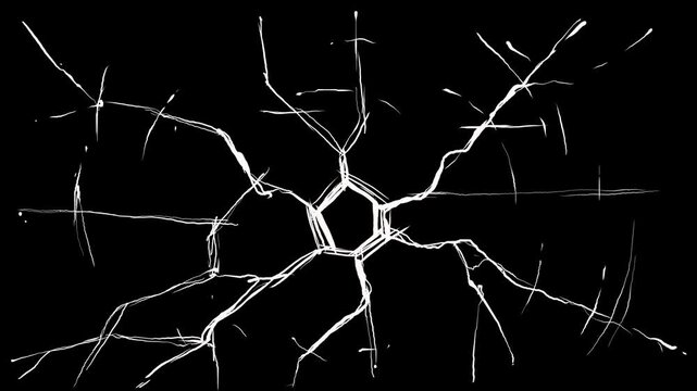 Glass hole crack animation on black screen. Shattered impact fracture in 2D style. Stock 4K damage overlay effect.
