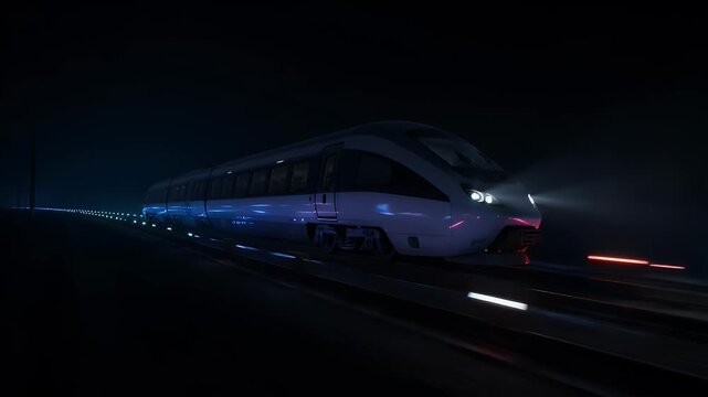 Modern white train speeding through a dark landscape with bright headlights and blue track lights