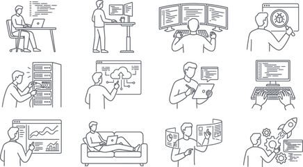 Obraz premium Modern line art icons illustrate diverse IT professionals, developers, and engineers interacting with technology.