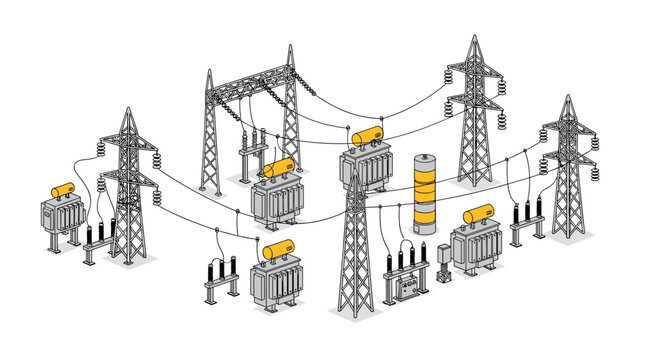 An isometric illustration of an electrical substation with grey transmission towers and yellow-topped transformers against a white background.