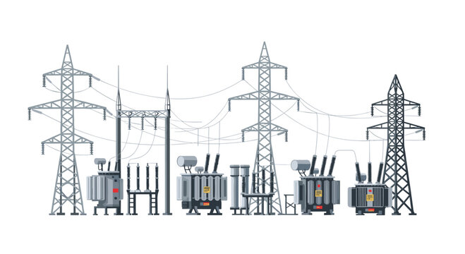 A detailed illustration of an electrical substation with multiple power lines, tall transmission towers, and various transformers against a white background.