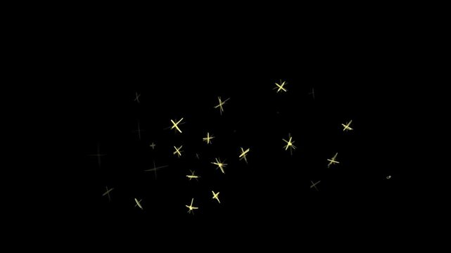 Drawing yellow doodle stars on black screen. Fast dynamic mixing of glowing plus shapes. Hand drawn animation.
