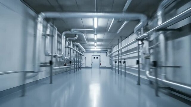 Long industrial corridor with numerous pipes and valves on the walls and ceiling, leading to a distant door