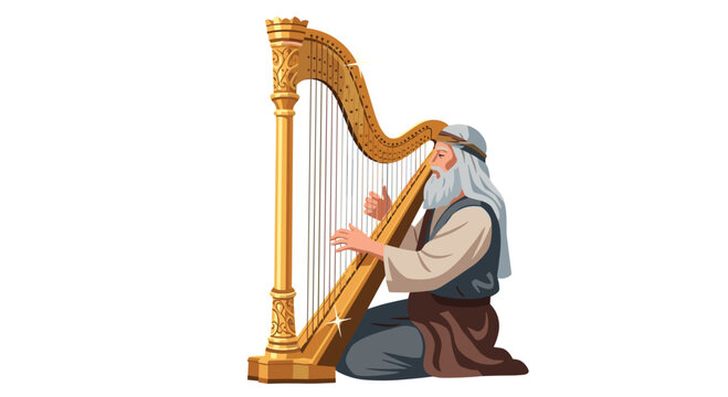 An old man with a white beard kneels, playing a golden harp with a crown carving and a sparkle on a white background.