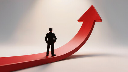 Obraz premium Businessman Silhouette Standing on Rising Red Arrow - Growth and Achievement Concept