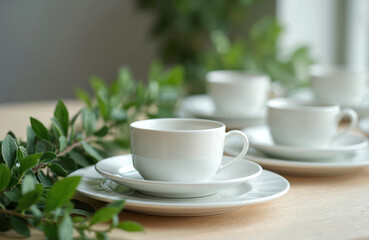 Fototapeta premium White porcelain coffee cups and saucers are neatly stacked on a table with fresh green leaves. Ready for beverage service or event catering. Minimalist aesthetic for hospitality.