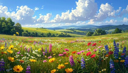 Obraz premium vibrant wildflower meadow in full bloom under sunny blue sky with clouds