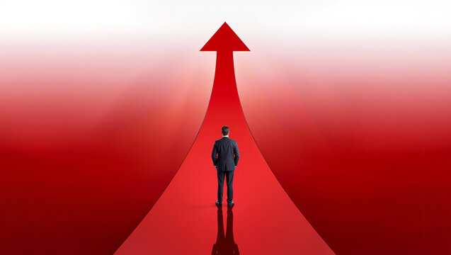 Businessman Standing on Red Arrow Road to Success