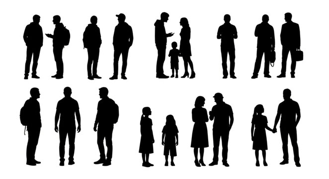 Silhouette Collection of People Standing and Interacting in Various Poses.