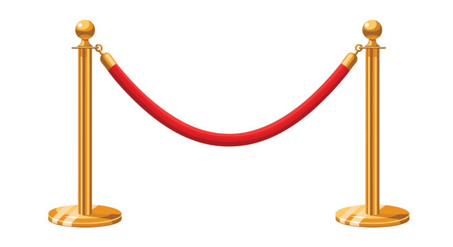 A pair of lustrous golden stanchions with a red velvet rope are connected against an unblemished white background.