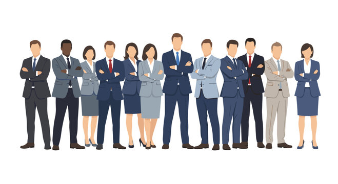 Eleven diverse business professionals, six men and five women, stand in a line with arms crossed, wearing formal suits.