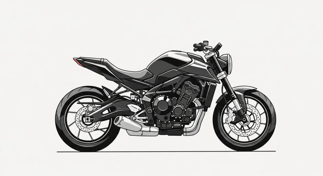 Detailed Illustration of a Sleek Black Motorcycle on White Background.