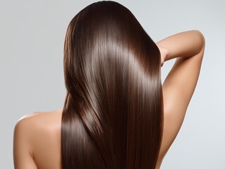 Fototapeta premium ヘアケアのモデルとして後ろ姿で美しい茶髪のロングヘアを見せる艶のある髪の女性