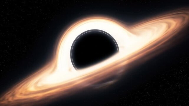 A black hole with a glowing orange accretion disk surrounded by a dark cosmic background