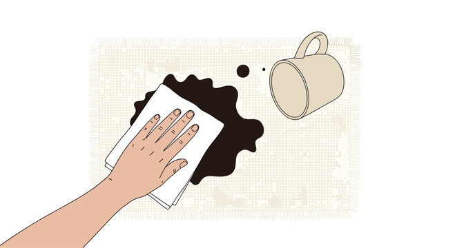 A hand uses a white paper towel to clean a dark liquid spill next to an overturned mug on a textured beige surface.