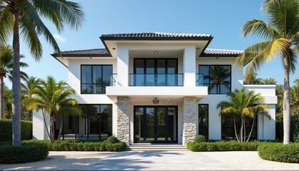 Modern white house with black accents and palm trees. Large windows and balcony overlook rich green landscaping. Luxury residential property facade with stone pillars.