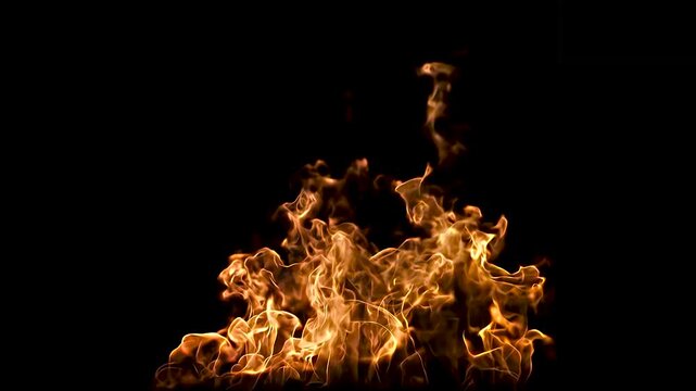 Realistic orange fire flames burning center loop black background 4K
