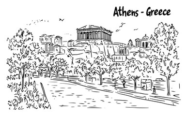 Fototapeta premium Athens Greece Cityscape Sketch with Acropolis and Parthenon, Ancient Greek Landmark Landscape Vector Art
