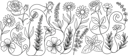 Fototapeta premium Intricate floral pattern with various flowers and stems