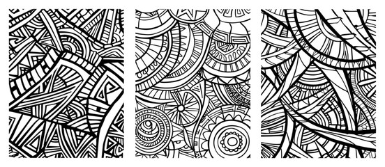 Abstract Tribal Zentangle Pattern Collection, Intricate Geometric Line Art Backgrounds for Coloring and Design © Luka