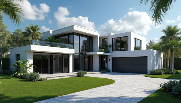 Modern luxury house with geometric design. Features large glass windows, white walls, and rich green landscaping. Spacious garage and manicured lawn enhance curb appeal.